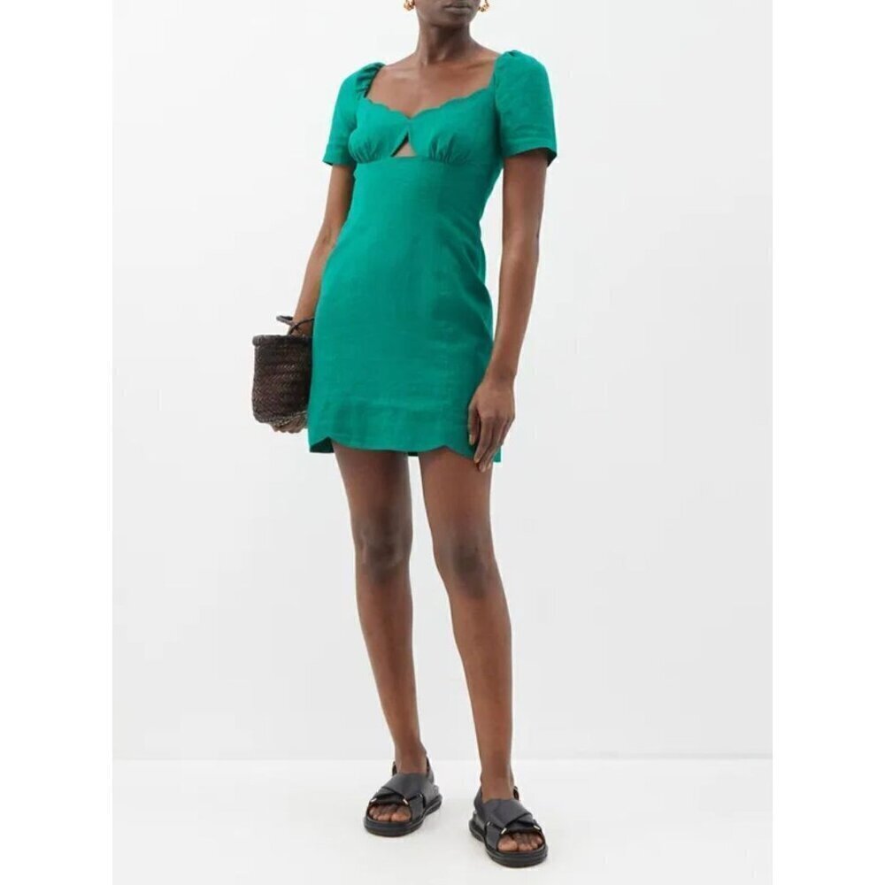 Saloni Halle Scallop Neck Cut Out Linen Mini Dress Green Womens Size 8